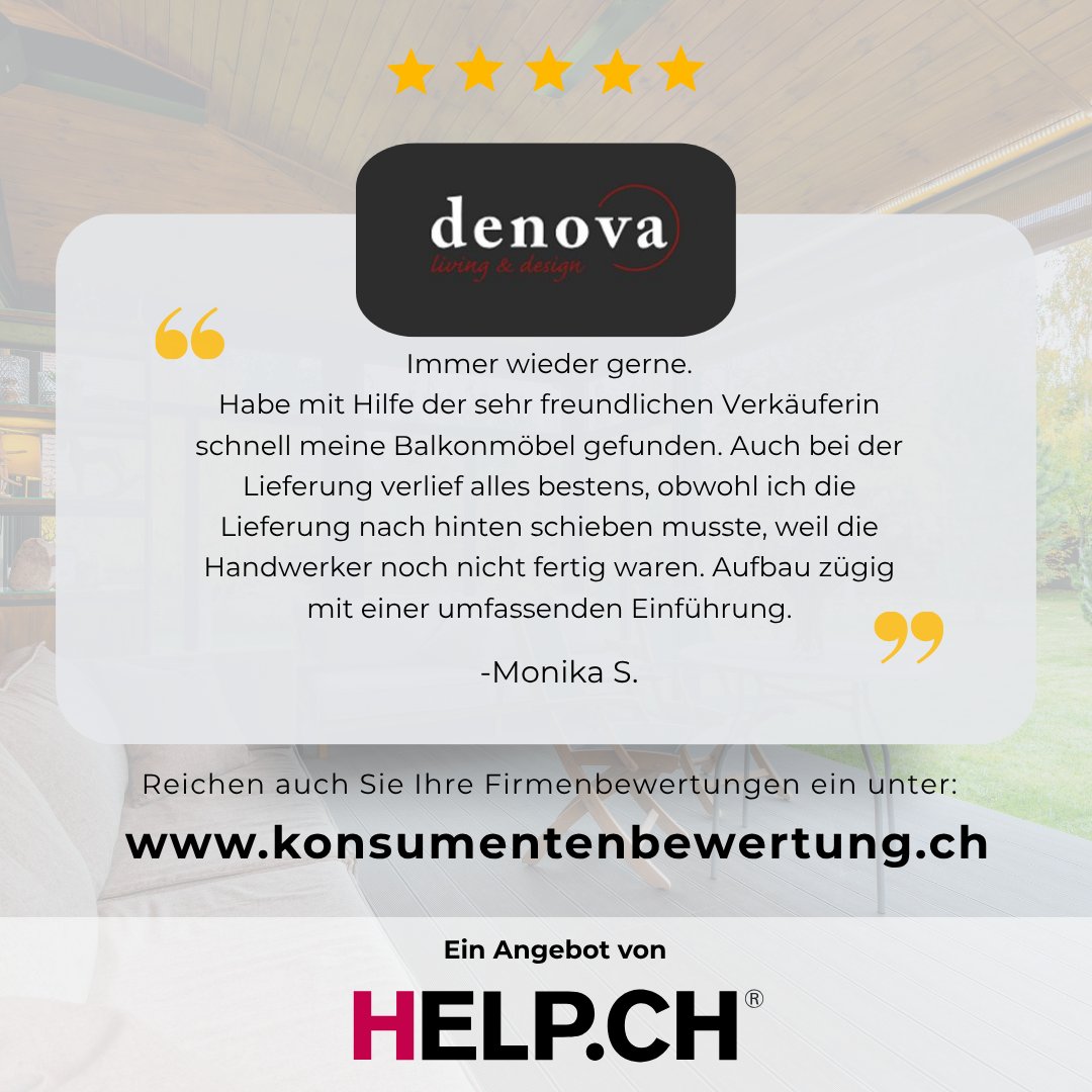 Help_ch's tweet image. Macht den Unterschied – bei @denova

Auf konsumentenbewertung.ch teilen Kundinnen und Kunden ihre persönlichen Erfahrungen mit Denova. Ob innovative Produkte, kompetente Beratung oder individueller Service – echte Rückmeldungen stärken das Vertrauen und helfen anderen, die…