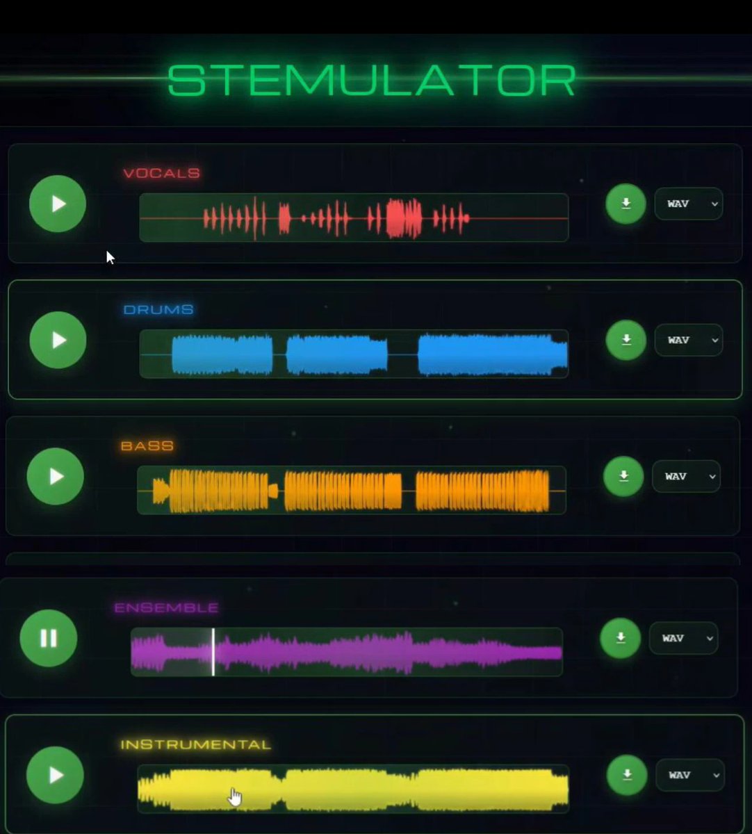 StemulatorApp's tweet image. Stemulator is an audio tool that allows you to separate any audio track into 5 stems (vocals, drums, bass, ensemble, and instrumental) easily. Great for vocal removal, vocal isolation, and more! Simple and easy to use with high quality results. Download your stems in WAV, AIFF,…