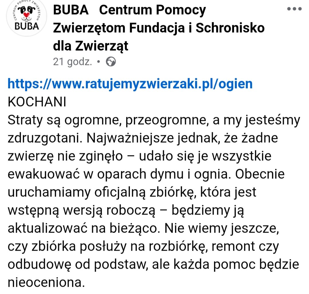 Spaliło się schronisko dla zwierząt. Uratowali wszystkie zwierzęta, ale straty są ogromne. Tutaj można im pomóc.
ratujemyzwierzaki.pl/ogien