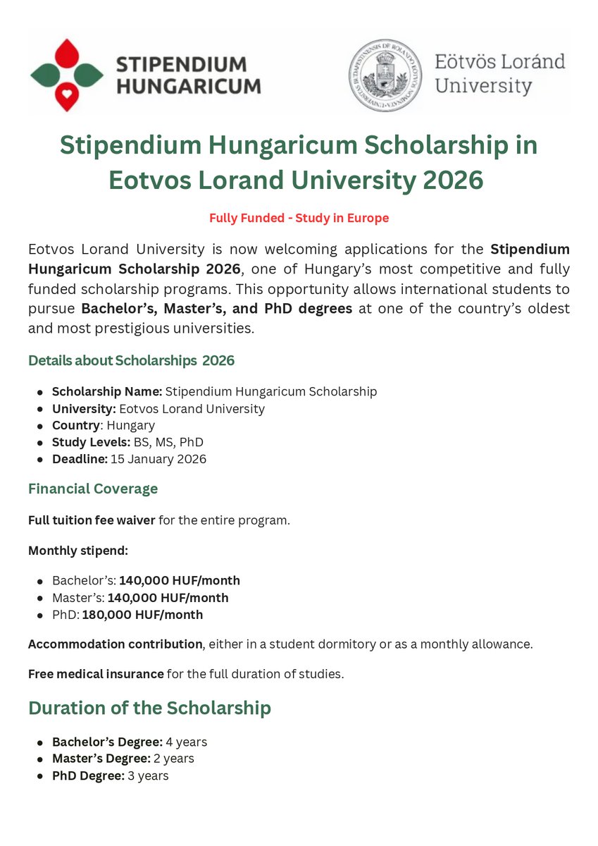 Stipendium Hungaricum Scholarship at the Eotvos Lorand University 2026 - Fully Funded - No Need IELTS

( Link in Comment)

Study Level: Bachelors, Masters, &amp; PhD

All International Students can Apply.

Deadline: 15 Jan 2026