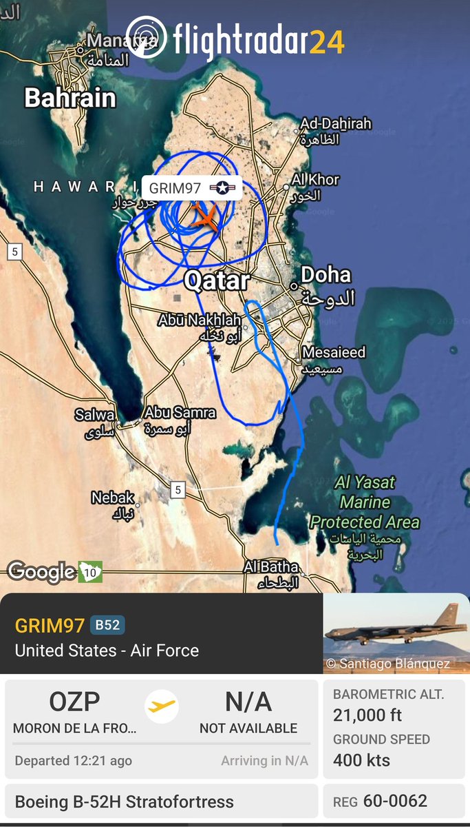 sipjack1776's tweet photo. B-52H
#AE5897/60-0062/GRIM97
Out of Morón has been up 12+ hours, currently operating over Qatar. https://t.co/g8keJXPzSD