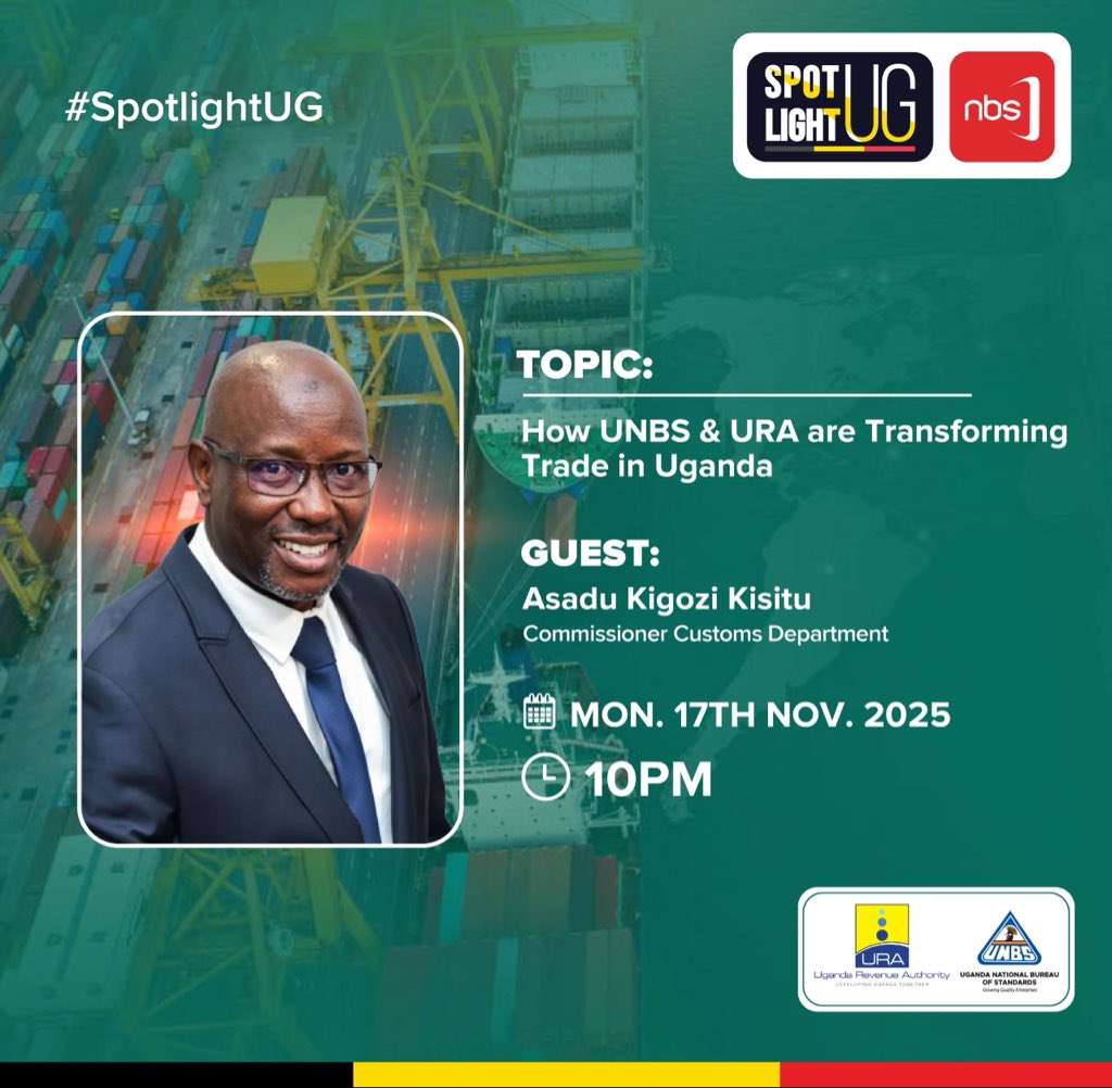 URA Customs is mandated with the distinct role of cross-border trade facilitation.

Tonight, on the #SpotlightUG- the Commissioner for Customs, Asadu Kigozi Kisitu will shed light on how his department is contributing to trade transformation.

🕰️10:00PM

🛎️Don't miss!
#FfeBanno
