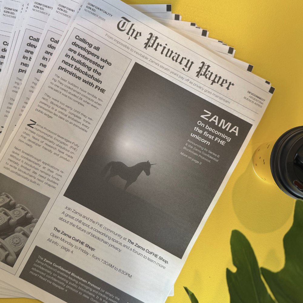 zama's tweet image. The Zama CoFHE Shop is open. Just 5 minutes from the main Devconnect venue. Come have a coffee, grab an edition of The Privacy Paper, do a bit of work, or chill on the terrace.