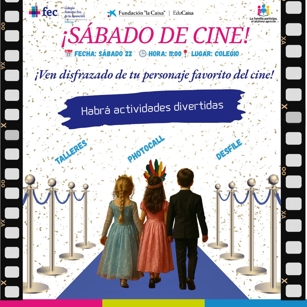 🎥¡Luces, cámara… ACCIÓN!
Este sábado 22 a las 11:00h, el cole se convierte en HOLLYWOOD.
📸Photocall, 🎭Talleres, 🚶🏻‍♂️Desfile de cine.
👑 Ven con tu mejor disfraz y vive una experiencia ÚNICA.
#ColegiosFec #NSA #LaAsunción #SábadoDeCine #DiversiónEnFamilia #ConvocatoriaEduCaixa