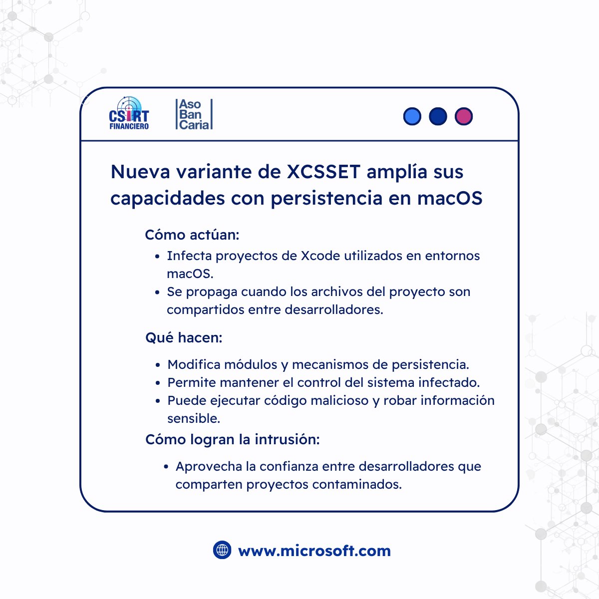 CSIRTFinanciero's tweet image. 💥 Alerta CSIRT Financiero: actividad reciente del troyano XCSSET, con módulos y persistencia actualizados, apunta a infectar proyectos de Xcode en macOS, facilitando su propagación entre desarrolladores.

🔗 Fuente: Microsoft Security Blog