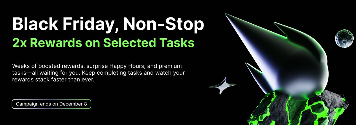 JumpTask_app's tweet image. ⚫ JumpTask Black Friday is officially LIVE!

The biggest earning event of the year has landed, and it’s packed with boosts, bonuses, and prizes worth grinding for.

Here’s everything waiting for you:
◾ 2X rewards on selected Black Friday tasks
Your favorite tasks now earn twice…