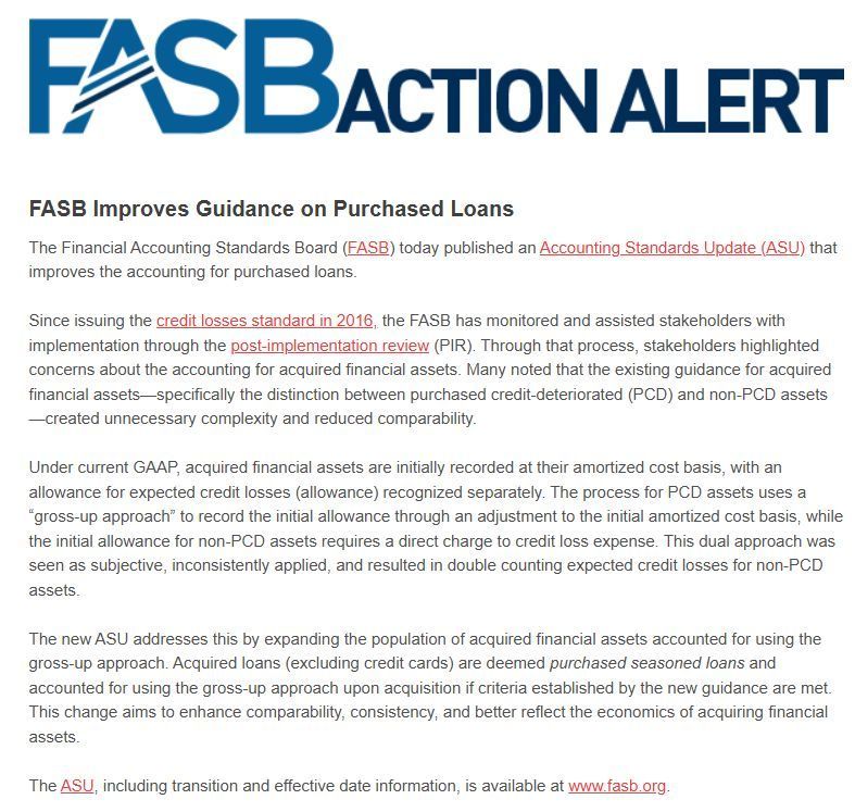 Financialnewswk's tweet image. FASB issues guidance to improve the accounting for purchased loans fasb.org/news-and-meeti… #FASB #GAAP #purchaseloans #CECL