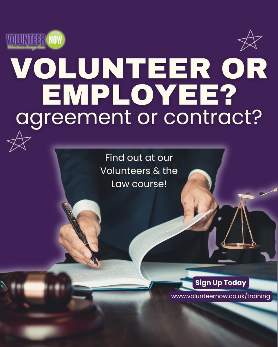 Do you know the difference between a volunteer agreement &amp; a contract of employment? Or between an employee &amp; a volunteer?

Join us to explore these difference &amp; much more inc legal boundaries &amp; best practice.

📅  20 Nov
🕰️ 10am-12pm
📍   Online

▶️ ow.ly/t09O50XgKEv