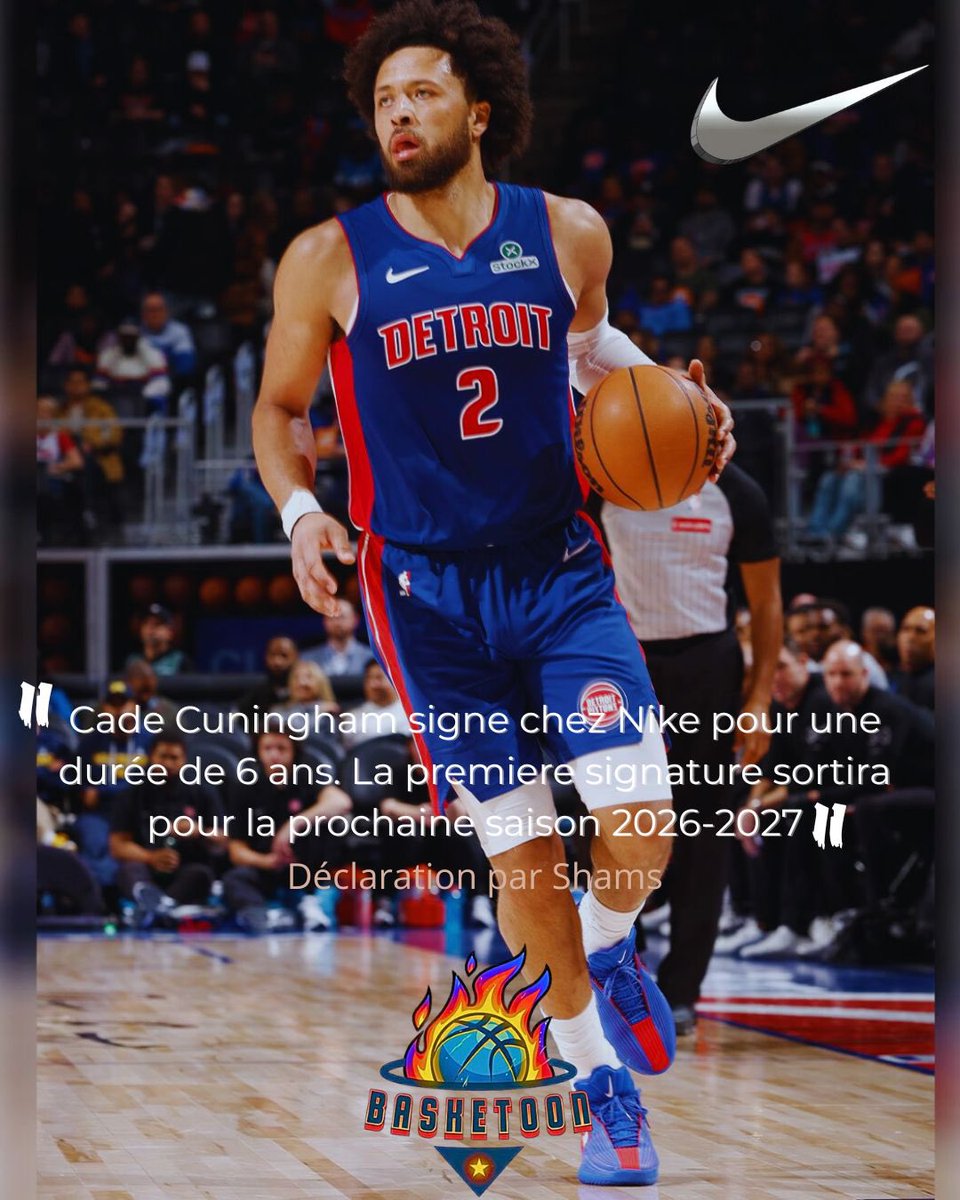 BaskeTooon's tweet image. 🚨🚨🚨 cade cunningham signe chez Nike pour une durée de 6ans.

On a hâte de voir sa première signature shoes.
