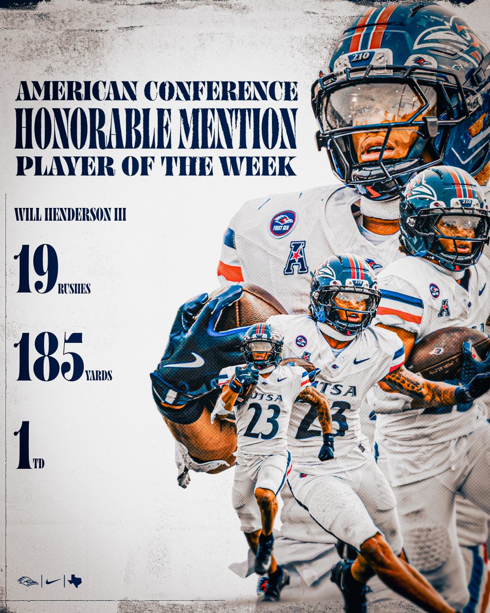 𝐇𝐎𝐍𝐎𝐑𝐀𝐁𝐋𝐄 𝐌𝐄𝐍𝐓𝐈𝐎𝐍 𝐏𝐋𝐀𝐘𝐄𝐑 𝐎𝐅 𝐓𝐇𝐄 𝐖𝐄𝐄𝐊

UTSA RB Will Henderson III has been honored by the American Conference for his performance in the road win over Charlotte.

#210TriangleOfToughness | #210wned