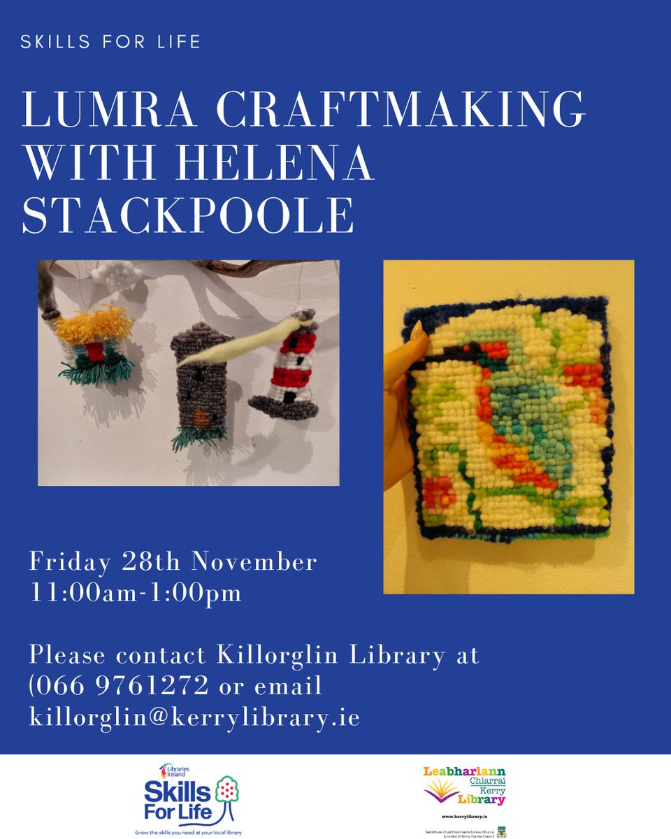 KerryLibrary's tweet image. Lumra Craftmaking workshop with Helena Stackpoole

Killorglin Library
28 November, 11am-1pm.

Places are limited. To book a place contact (066) 9761272 or email killorglin@kerrylibrary.ie