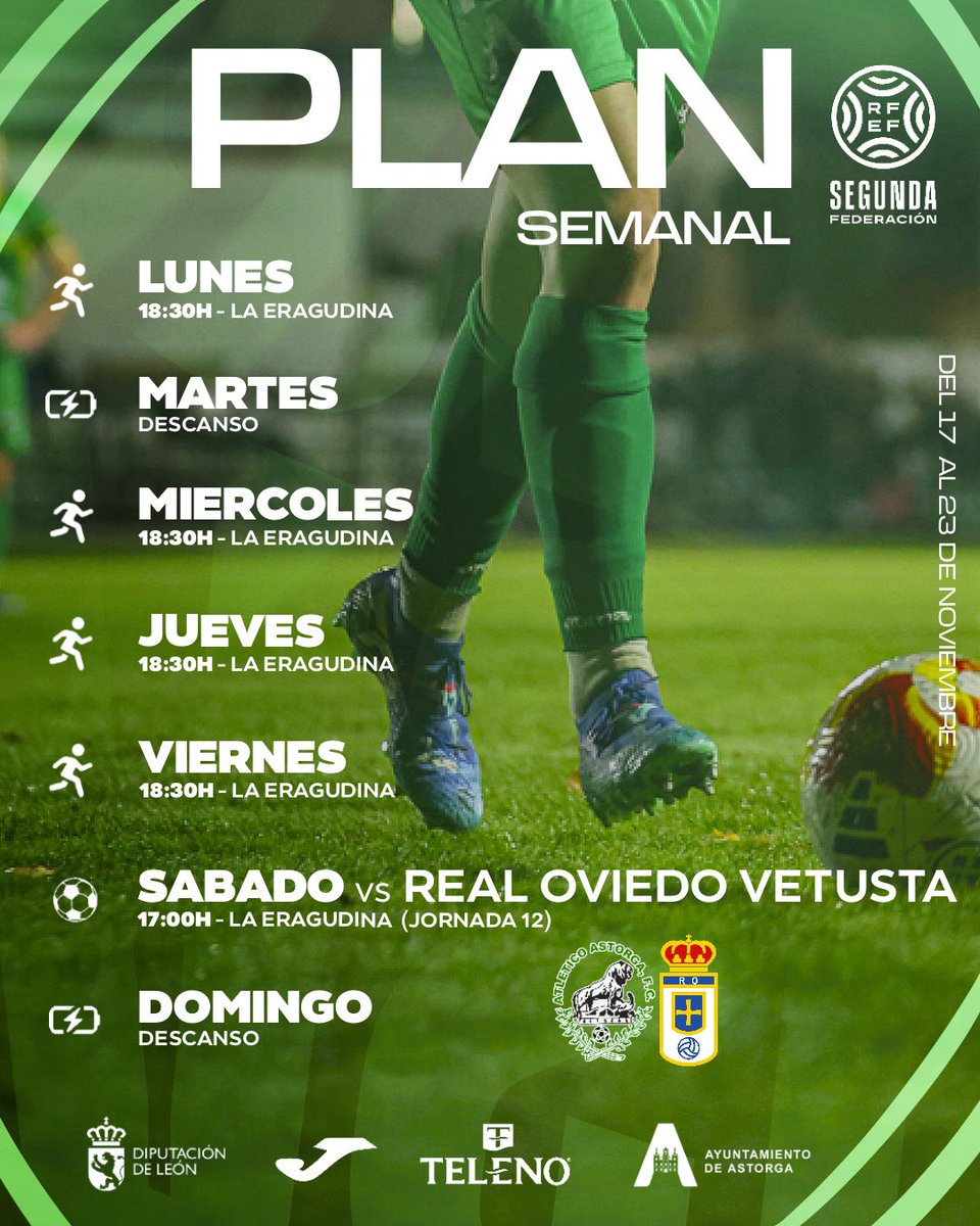 🗓️ ⓅⓁⒶⓃ ⓈⒺⓂⒶⓃⒶⓁ 

¡Nueva semana de trabajo para preparar la visita del sábado Del Real Oviedo Vetusta  ⚒️💚!

#AtlAstorgaRealOviedoVetusta
#Escribiendounanuevahistoria
#VamosVerdes💚⚽️