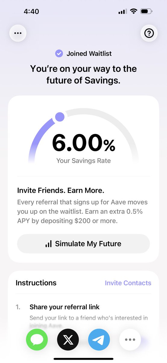 Aave app waitlist confirmation screen showing 6.00% savings rate