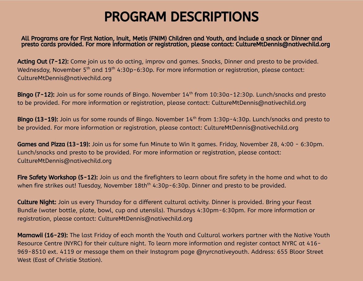 Children and youth aged 7 to 29 are invited to our Mount Dennis Hub this November for a month filled with creativity, learning, and fun. Check out the calendar for details!

@mtdennishub @mountdennisaboriginalcfc