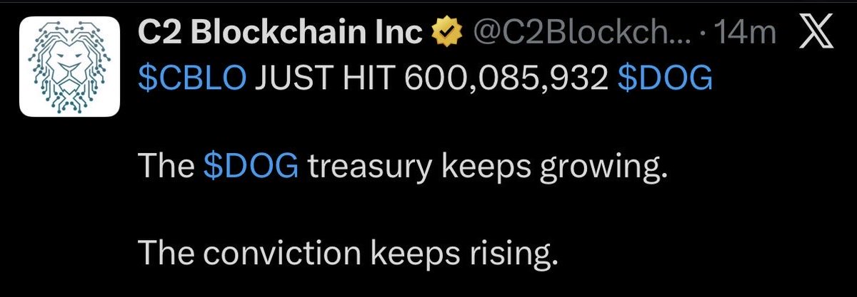 🚨JUST IN: <a href="/C2Blockchain/">C2 Blockchain Inc</a> just acquired over 20M $DOG now with a total treasury holding of 600M $DOG and growing 👀