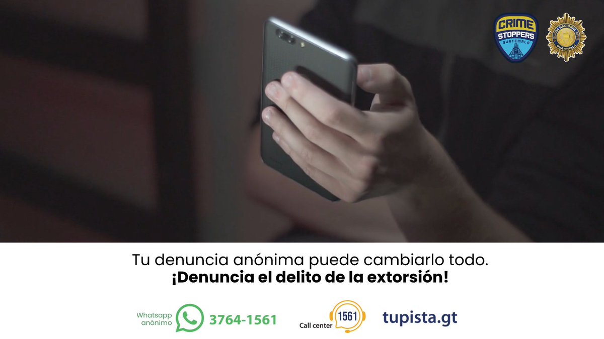 Tu denuncia anónima es el paso más importante para detener este delito. Confía en los canales de denuncia y ayúdanos a cambiar la realidad.

​📱 WhatsApp Anónimo: 3764-1561
​📞 Call Center: 1561
​🌐 Web: tupista.gt

​#DenunciaLaExtorsión #CrimeStoppersGT