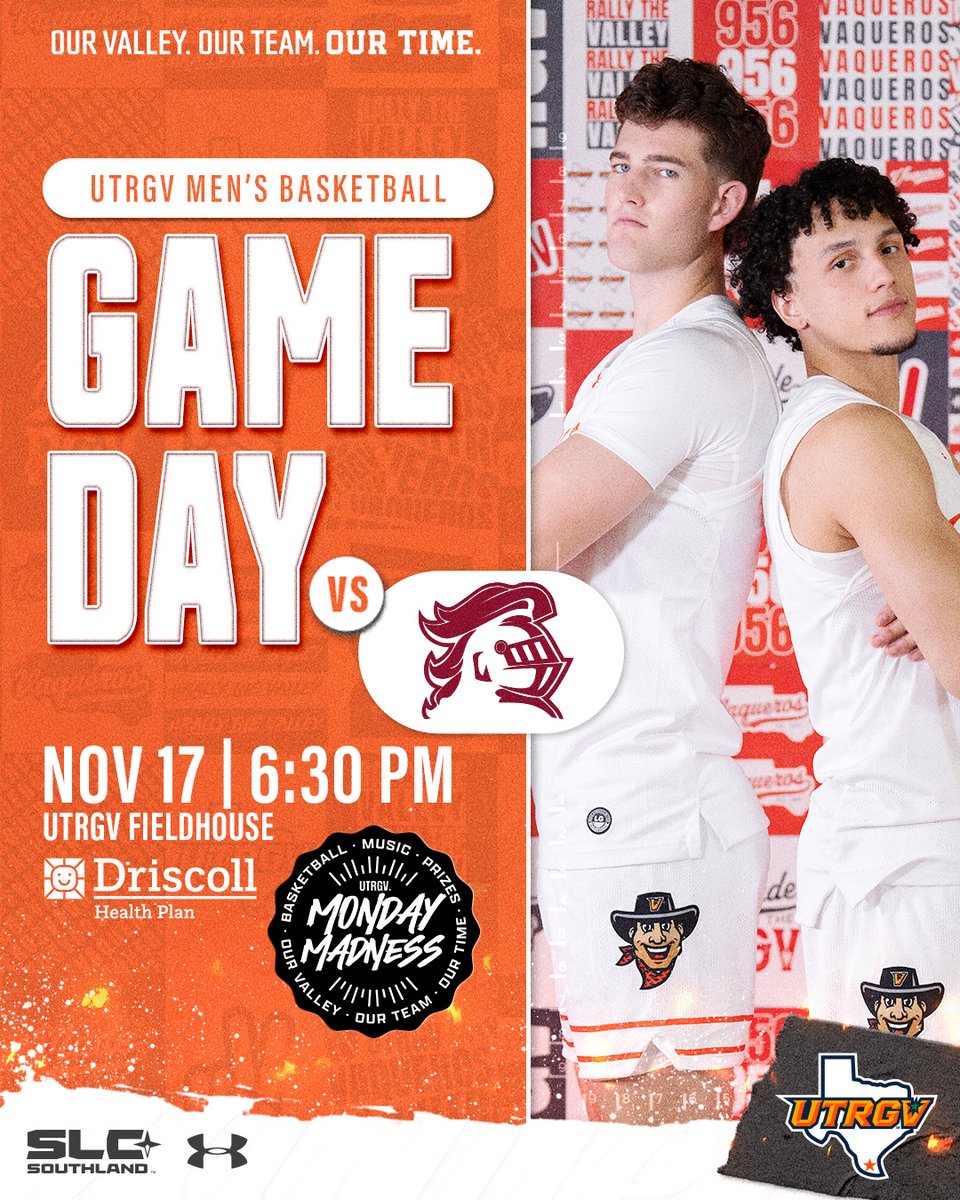 Home sweet home✌️

🆚 Southwestern Adventist
⌚️ 6:30 PM
📍 UTRGV Fieldhouse
🎉 Monday Madness
📚 Book Drive
🤠 Free food for the first 300 UTRGV students.
🎶 Live music in Schlotzsky's Vaquero Village

Presented by Driscoll Health Plan

#UTRGV #RallyTheValley