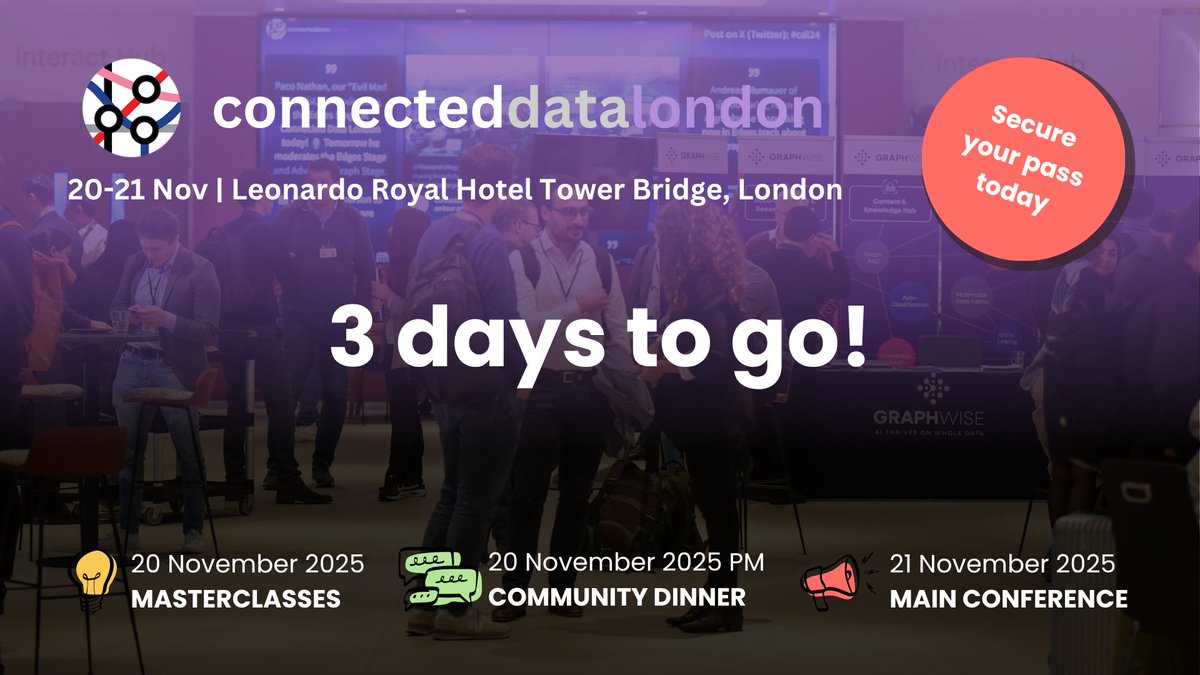 Connected_Data's tweet image. 📣 Only 3 days to go until Connected Data London 2025!

Next up: the KG Applications Stage - a series of hands-on masterclasses exploring practical knowledge graph applications across enterprise modeling, supply chain risk, AI security, LLM‑enhanced analytics and intelligent…
