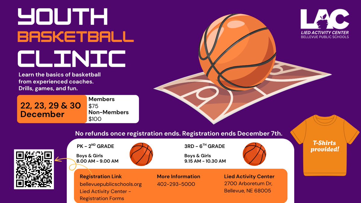 🏀 Registration is now open! Join us to learn the basics of basketball from experienced coaches. Enjoy drills, games, and fun! Register before December 7th to secure your spot! 
bellevuepublicschools.org/Page/1880