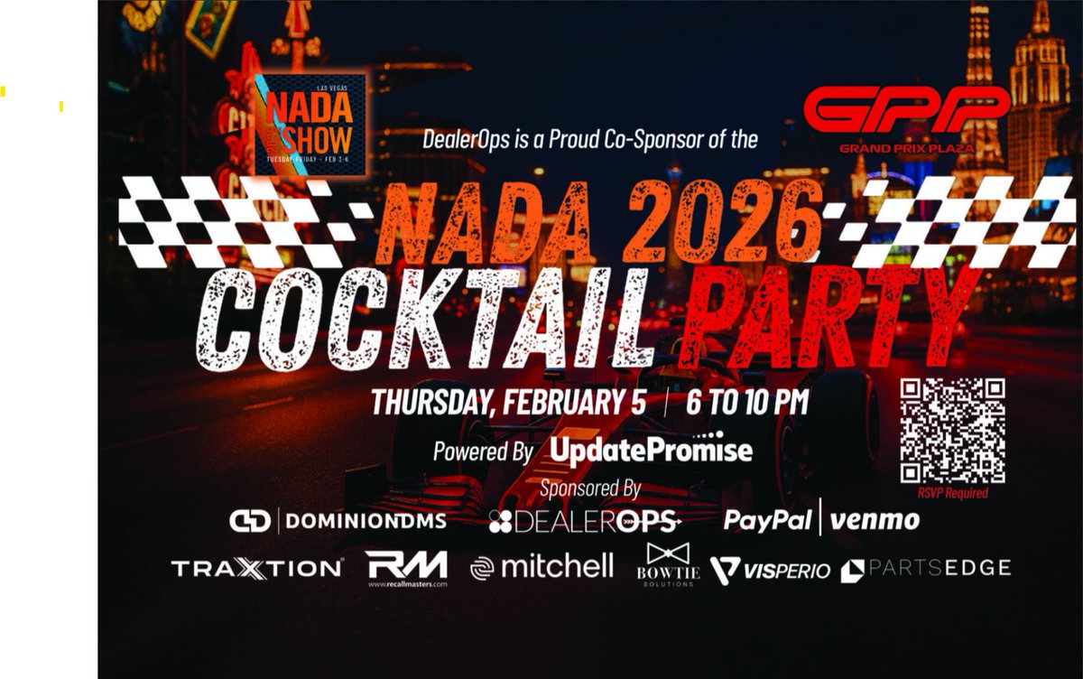 DealerOps's tweet image. @DealerOps is sitting in the Pole Position as a Co-Sponsor for @UpdatePromise&apos;s NADA2026 Cocktail Party! 🎉We can’t wait to see you in Vegas for an unforgettable night. 

📅 Feb. 5 | Grand Prix Plaza | 6–10 PM 🏎️  

#NADA2026 #UpdatePromise #FixedOps #AutomotiveInnovation