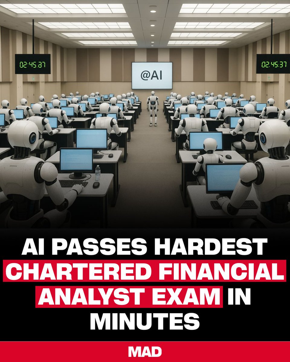mobileappdaily's tweet image. AI can pass the hardest professional exams in just minutes, exams that take people years of hard work and studying to clear.

While humans spend thousands of hours preparing, stressing, and memorizing, AI can answer the same tough questions almost instantly.