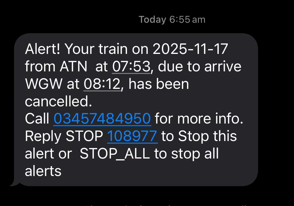 bexbagel's tweet photo. @nationalrailenq 
Can you sort your text alert system? Got this one this morning, despite all other sources saying it was running, I caught an earlier train. The train, was in fact not cancelled. But funnily enough when it was cancelled a few weeks back, I didn’t get a text 🙄 https://t.co/fQovoWmqbX