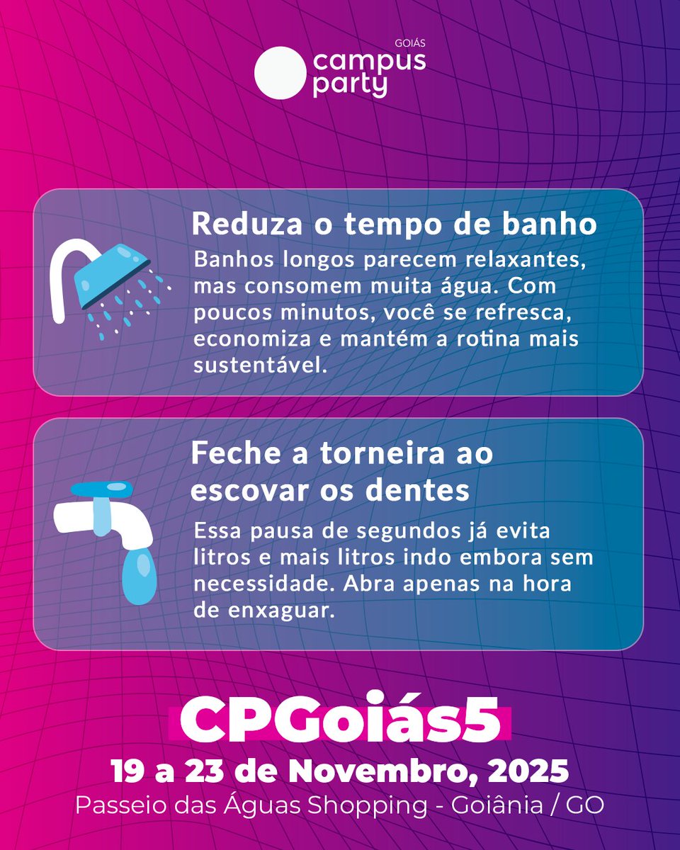 CampusPartyBRA's tweet image. 💧Pequenas atitudes para preservar a água podem gerar grandes mudanças: reduza o tempo de banho 🚿, feche a torneira ao escovar os dentes 🪥, troque a mangueira pelo balde 🪣 e aproveite a água da chuva 🌧️ Já fez sua parte hoje? 🌍

#Sustentabilidade