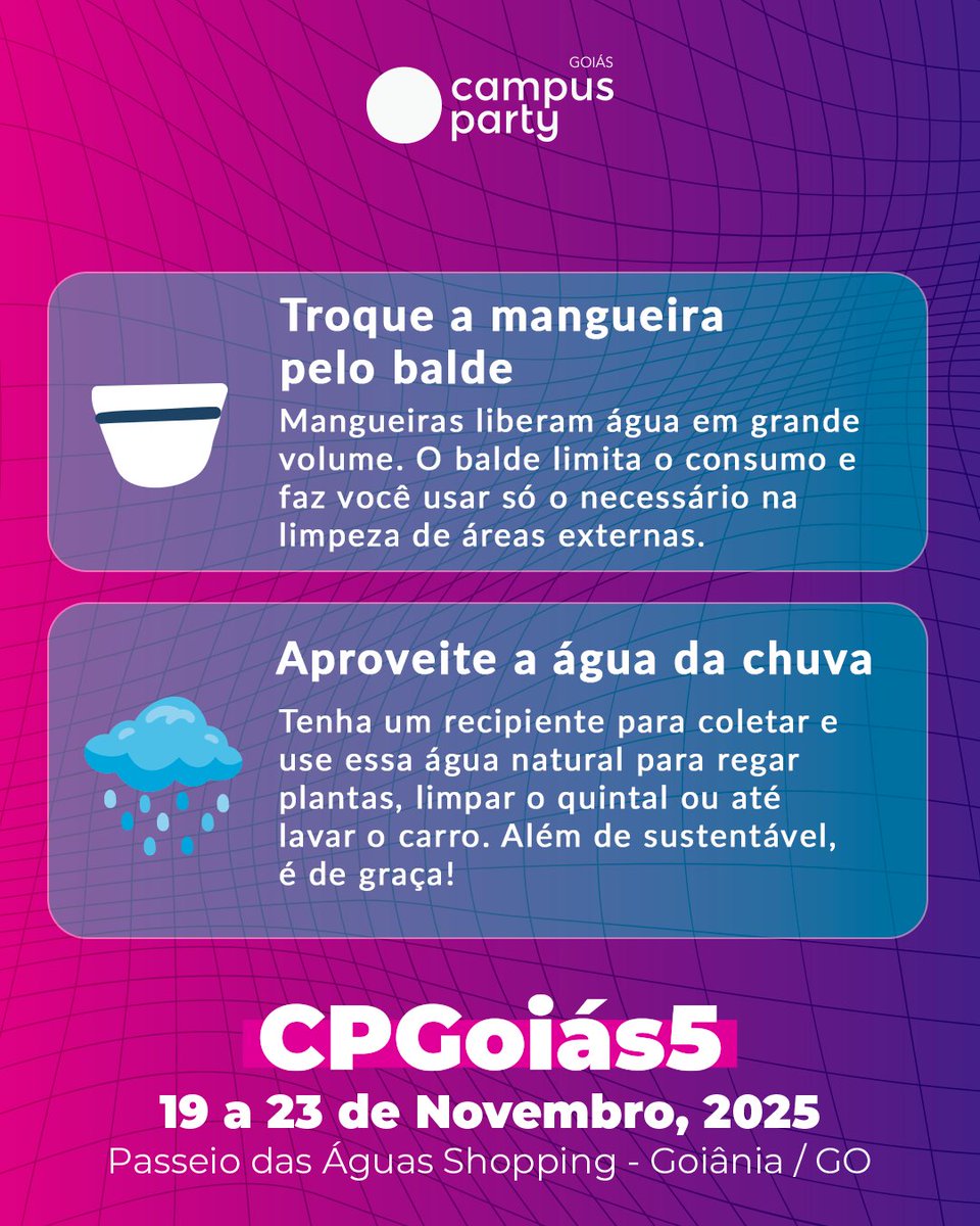 CampusPartyBRA's tweet image. 💧Pequenas atitudes para preservar a água podem gerar grandes mudanças: reduza o tempo de banho 🚿, feche a torneira ao escovar os dentes 🪥, troque a mangueira pelo balde 🪣 e aproveite a água da chuva 🌧️ Já fez sua parte hoje? 🌍

#Sustentabilidade