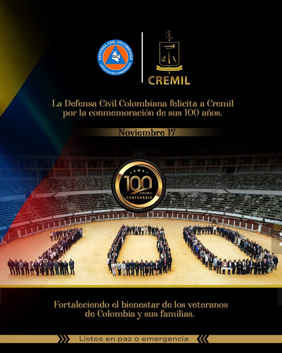 ¡Enormes felicitaciones a @CREMIL_CO por su Centenario!

 💯 años de compromiso inquebrantable con el retiro y bienestar de nuestros héroes de las Fuerzas Militares. 

La Defensa Civil Colombiana celebra esta gran trayectoria de servicio al país. ¡Feliz Aniversario!