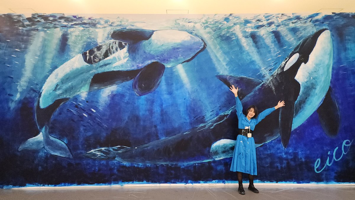 シャチ 油彩画 青色系 デザフェス思い出シャチが好き過ぎて、実物大を描こうと決心して描いた
