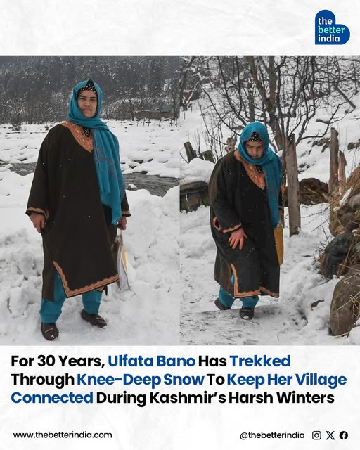 In the heart of Kashmir’s Shopian district, where temperatures drop to -15°C and snow buries roads under six feet of ice, 55-year-old Ulfata Bano trudges through knee-deep snow every day, delivering 20–25 parcels to keep her village, Hirpora, connected to the world.

For three