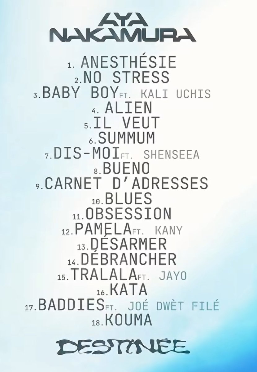 PopCrave's tweet image. Aya Nakamura unveils the tracklist for her new album, ‘DESTINÉE,’ out this Friday.

It includes collaborations with Kali Uchis, Shenseea, Kany, JayO &amp;amp; Joé Dowèt Filé.