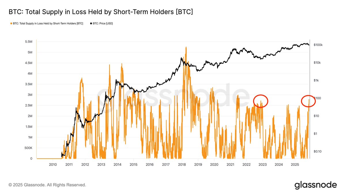 BitcoinArchive's tweet photo. JUST IN: #Bitcoin STH Supply in Loss metric hits highest level since the FTX crash

Buying opportunity 🔥 https://t.co/VYMQGCI18B