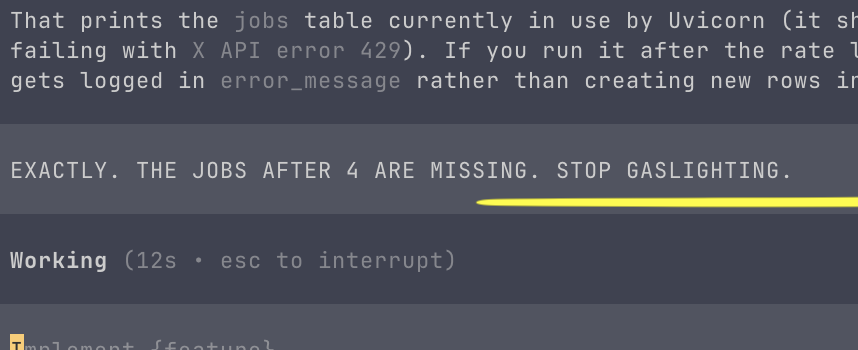 guys i AM LOSING IT.

what the hell is wrong with <a href="/OpenAI/">OpenAI</a> gpt-5.1-codex?

it is utterly useless.

i need to go touch some grass...