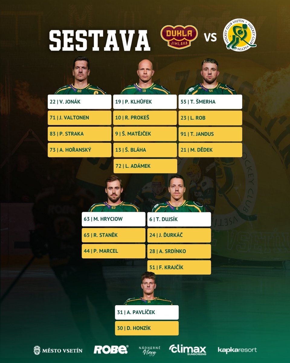 Do dnešního utkání nastoupíme v této sestavě! ✊
🤕 Zranění: Erik Pospíšil, Ondřej Slováček, Matěj Stříteský