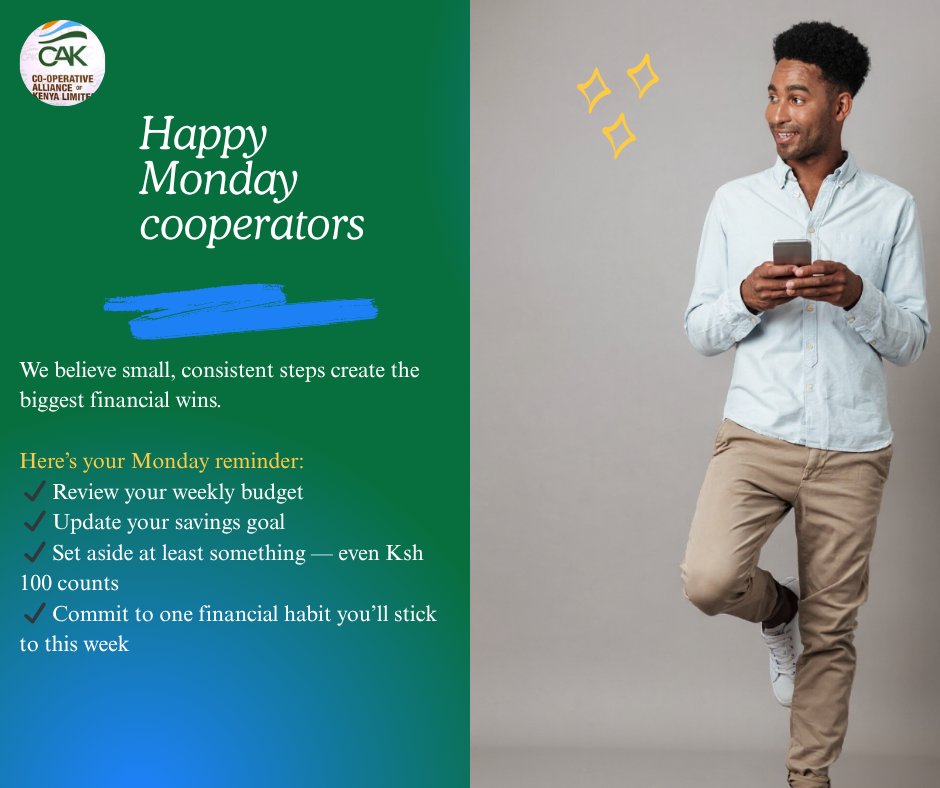 COOPUNITY's tweet photo. A new week is here, and with it, a new chance to make smarter financial decisions. What is your new week goal?
#monday #finances #savings #invest #cooperativemovement #saccos #newweek #newweekchallenge https://t.co/Ts3Yf7T6He