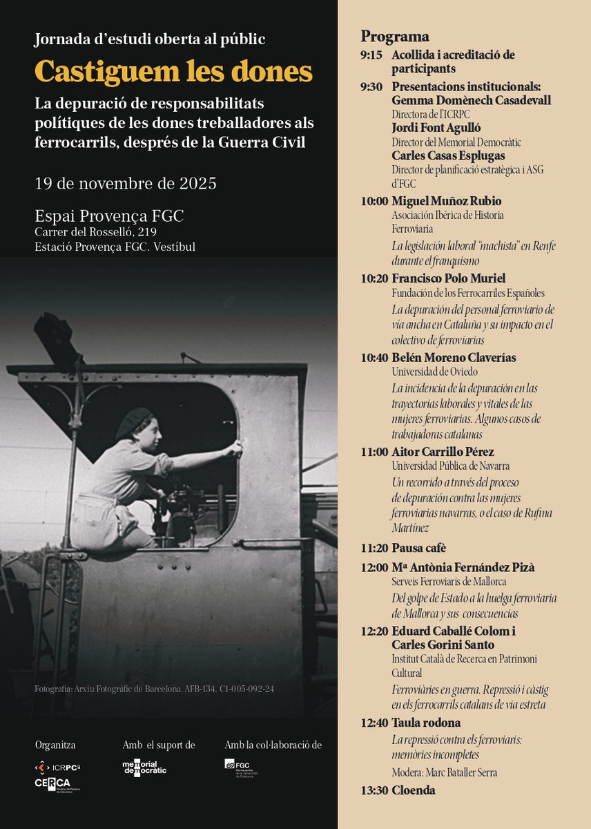 Dimecres tenim una cita important a Barcelona: la celebració de la jornada "Castiguem les dones" sobre la depuració de les dones treballadores al ferrocarril després de la Guerra Civil. Organitzada per l'Institut i amb el suport de <a href="/catmemoria/">Memorial Democràtic</a> i <a href="/FGCcorporatiu/">FGC Corporatiu</a>
