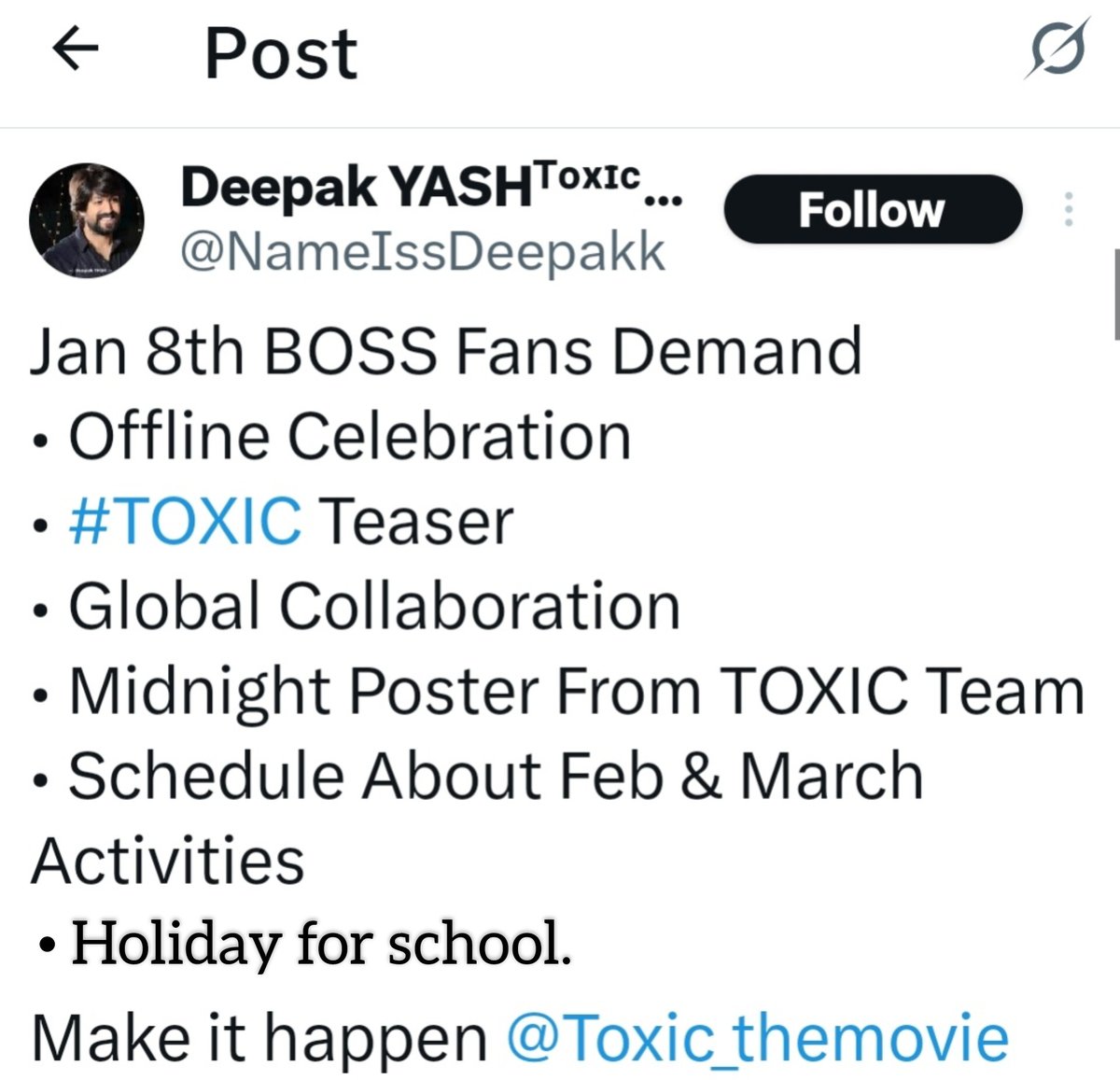 Nim KGf Kind's yalla School raja kodsho <a href="/TheNameIsYash/">Yash</a> 👍

#ToxicTheMovie #MarkTheFilm