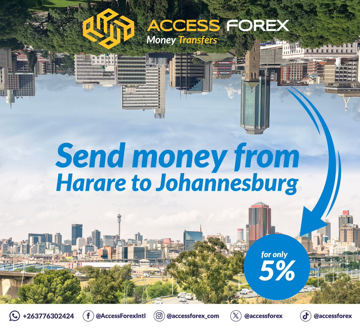 Enjoy unbeatable value! Send money from Harare to Johannesburg at only 5% with Access Forex.
#zim2sa #accessforex #CityToCity #southafrica #Zimbabwe