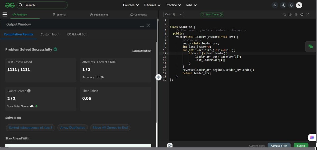 ShrutiS45736639's tweet image. Day 46/100 #100DaysOfCode

Sticking to my &quot;maintenance mode&quot; plan while my practical exams are going on.

The focus is on consistency, not intensity! Solved the &quot;Leaders in an array&quot; problem today to keep the streak going.

#DSA #LearnInPublic