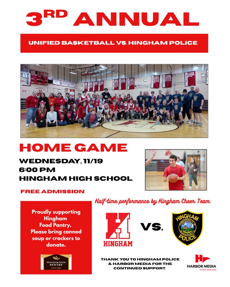 Best game of the season! Join us to pack the gym for the 3rd Annual Unified Basketball vs. Hingham Police game! <a href="/HarbormenNews/">HinghamHSAthletics</a> <a href="/HinghamPolice/">Hingham Police</a> <a href="/_harbormedia/">Harbor Media</a> <a href="/DavidWolcott1/">David Wolcott</a> <a href="/WickedLocal/">WickedLocal</a> <a href="/GlobeSchools/">Boston Globe Schools</a> <a href="/sports_ledger/">Patriot Ledger sports</a> <a href="/BosHeraldSports/">Boston Herald Sports</a> <a href="/SpecialOlympics/">Special Olympics</a>