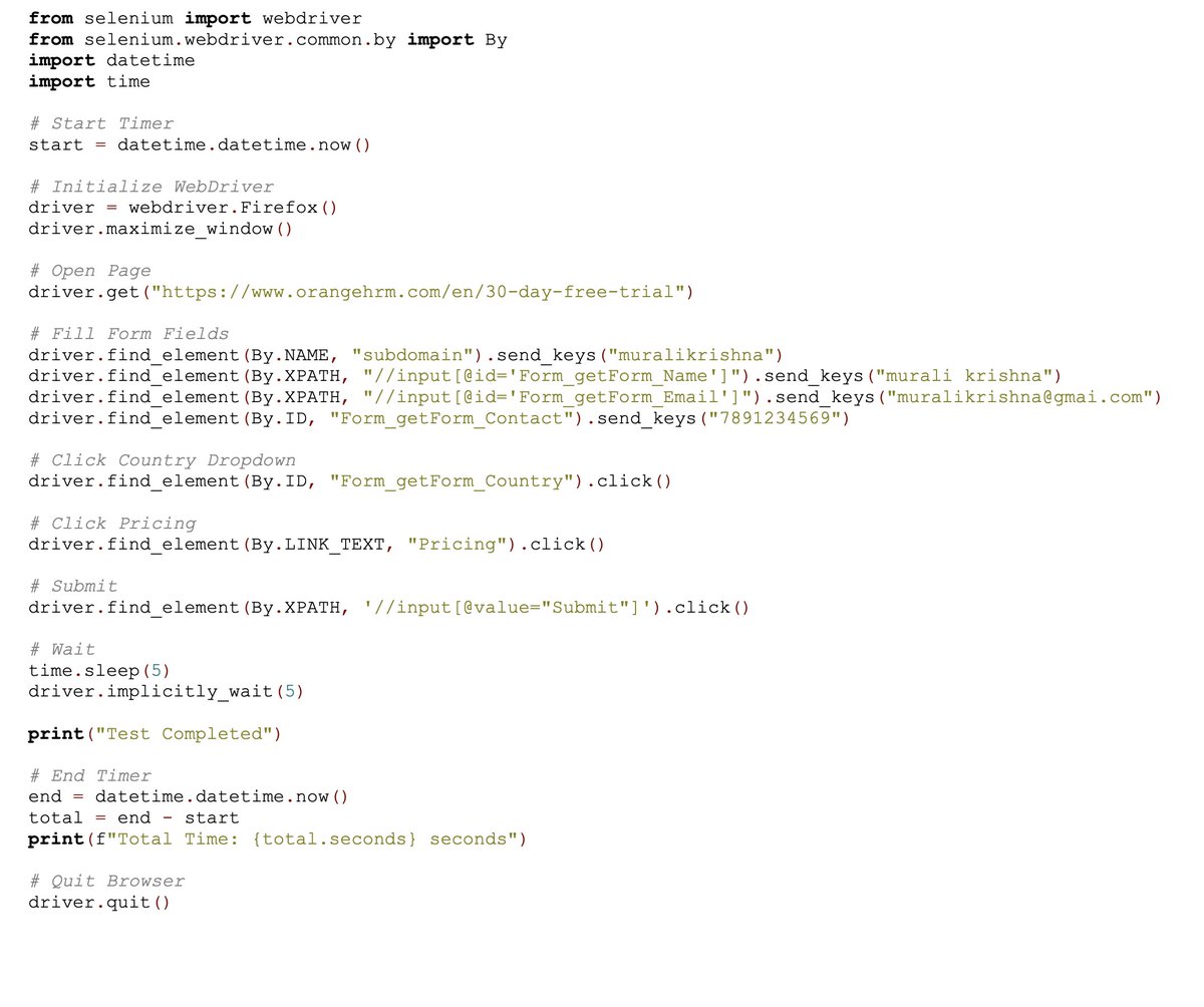 Vurali10's tweet image. Today I practiced using different locators in Python automation:

🔹 ID – fastest &amp;amp; most reliable
🔹 Name – when IDs are missing
🔹 XPath – for complex elements
🔹 Link Text – for navigation
Building a strong foundation in #automationtesting ! 🐍💻
#Python  #QA #CodingJourney
