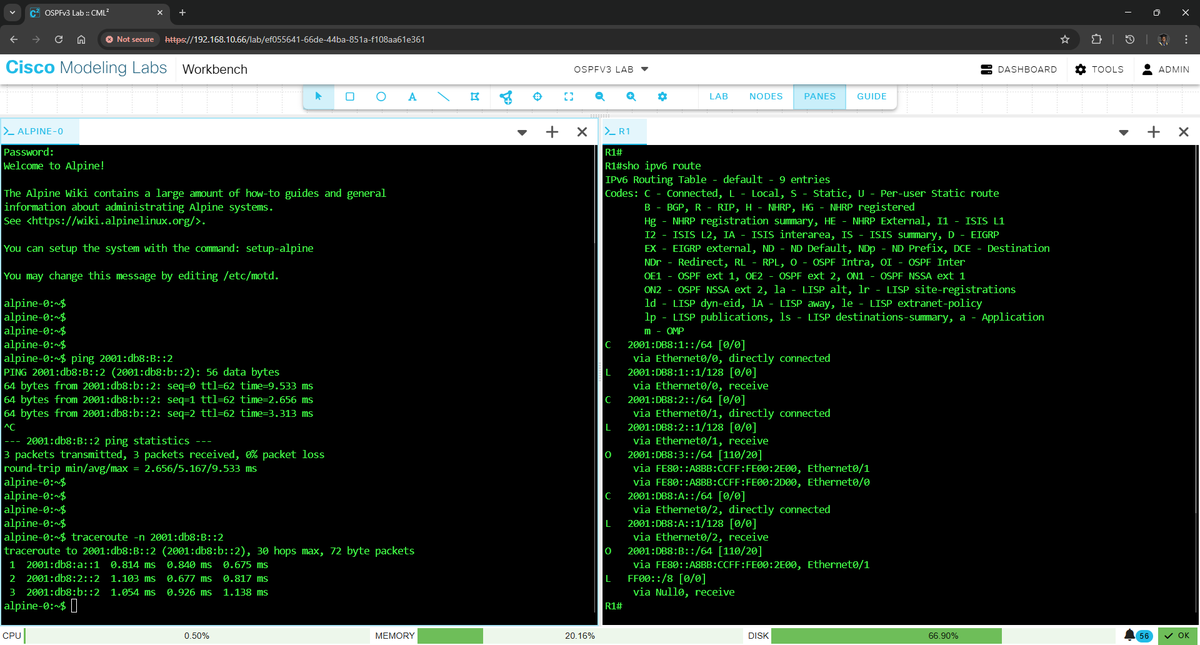 AlexeiCherubin's tweet image. I added some alpine nodes to my OSPFv3 lab to show how the routing works. From alpine-0, a packet takes the path with the least cost to get to alpine-1. This is through R3. The attached diagram clearly illustrates this.

#cisco #ciscomodelinglabs #cml #IPv6 #OSPFv3
