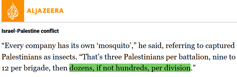 Ein #israel|ischer Panzerkommandeur bestätigt den massenhaften Einsatz von Palästinensern in #Gaza als menschliche Schutzschilde, genannt „Moskitos“, das sind „Dutzende, wenn nicht Hunderte, pro Division“.

Die Entmenschlichung als Ungeziefer hat lange Tradition bei Völkermorden.