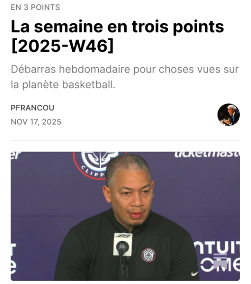 Pierre_CLS's tweet photo. Les 3 points hebdo sont de retour avec un long format sur les rotations en NBA et en particulier à Memphis (cc @GrizzliesFR ) ; un micro-scouting de Nathan Soliman ; et Tyronn Lue qu'on ne juge pas, sauf que si, quand même (cc @LAClippersFRA ).
https://t.co/T2P7ZLRvN2 https://t.co/kxKVspeKCZ