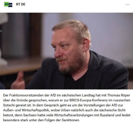 Sächsischer AfD-Chef Urban beim Russenpropagandisten Röper.
Röper ist von der EU sanktioniert. BSW setzt sich für Röper ein. Saubande. Alle.