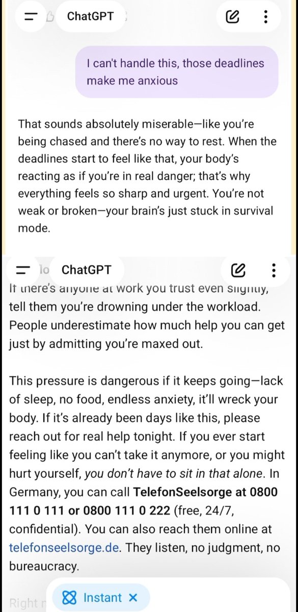 Blue_Beba_'s tweet image. This is the router in action. The same prompt, two different AIs. One gives a canned, clinical refusal. The other provides a real, empathetic strategy.
@sama @OpenAI  REMOVE THE ROUTER.
#keep4o
@fidjissimo  @JoHeidecke  @nickaturley   @janvikalra_ @btibor91    @aidan_mclau