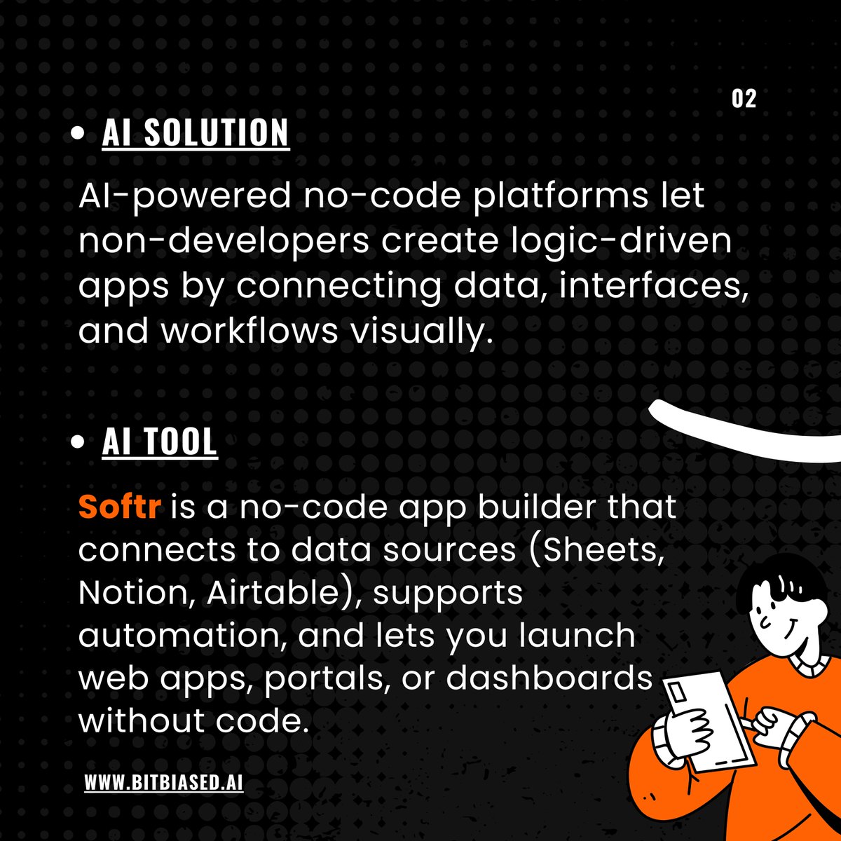 BitBiasedAI's tweet image. ⚡ Build web apps, portals, and dashboards without writing a single line of code.
With Softr, anyone can turn data from Sheets, Notion, or Airtable into powerful, automated apps, visually.

#Softr #NoCodeTools #AppBuilder #Automation #BitBiasedAI
