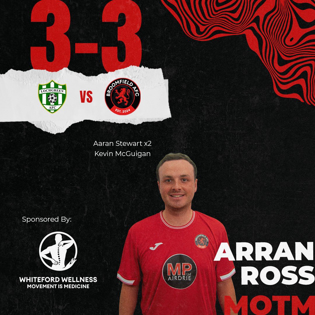 A&amp;C Premiership

Lochgreen AFC 3-3 Broomfield AFC

Not seeing the game out &amp; poor performance left us walking away with a point. Onto next week. MonTheBroomy🔴⚫️

Aaran Stewart ⚽️⚽️🅰️
Kevin McGuigan ⚽️🅰️
Ryan Inglis 🅰️

Motm: Arran Ross

<a href="/scottish_aff/">AmateurFixturesResultsSCO</a>