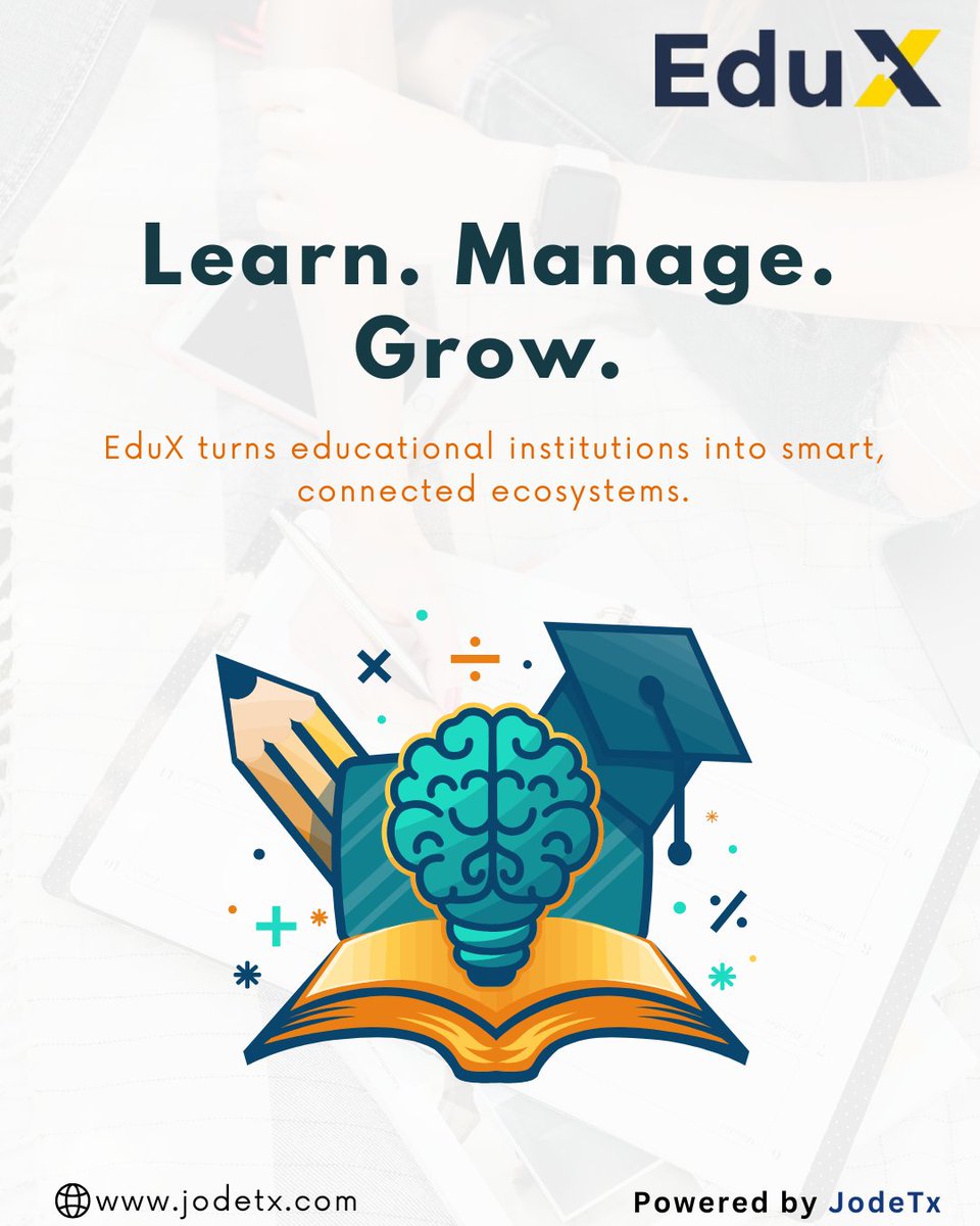 Jodetx_tech's tweet image. Learn. Manage. Grow.
EduX helps educational institutions become smarter, more connected, and future-ready.
From effortless learning to efficient management — EduX empowers schools and colleges to grow with confidence.
.
.
.
#EduX #EdTechSolutions #SmartEducation #DigitalLearning